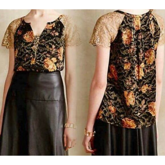 HD in Paris Tops - HD in Paris Anthro Disa Floral Short Sleeve Silk and Lace Whimsigoth Top Size 2